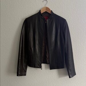 Cole Haan City Wing Collar Lambskin Chocolate Brown Leather Jacket Size 4